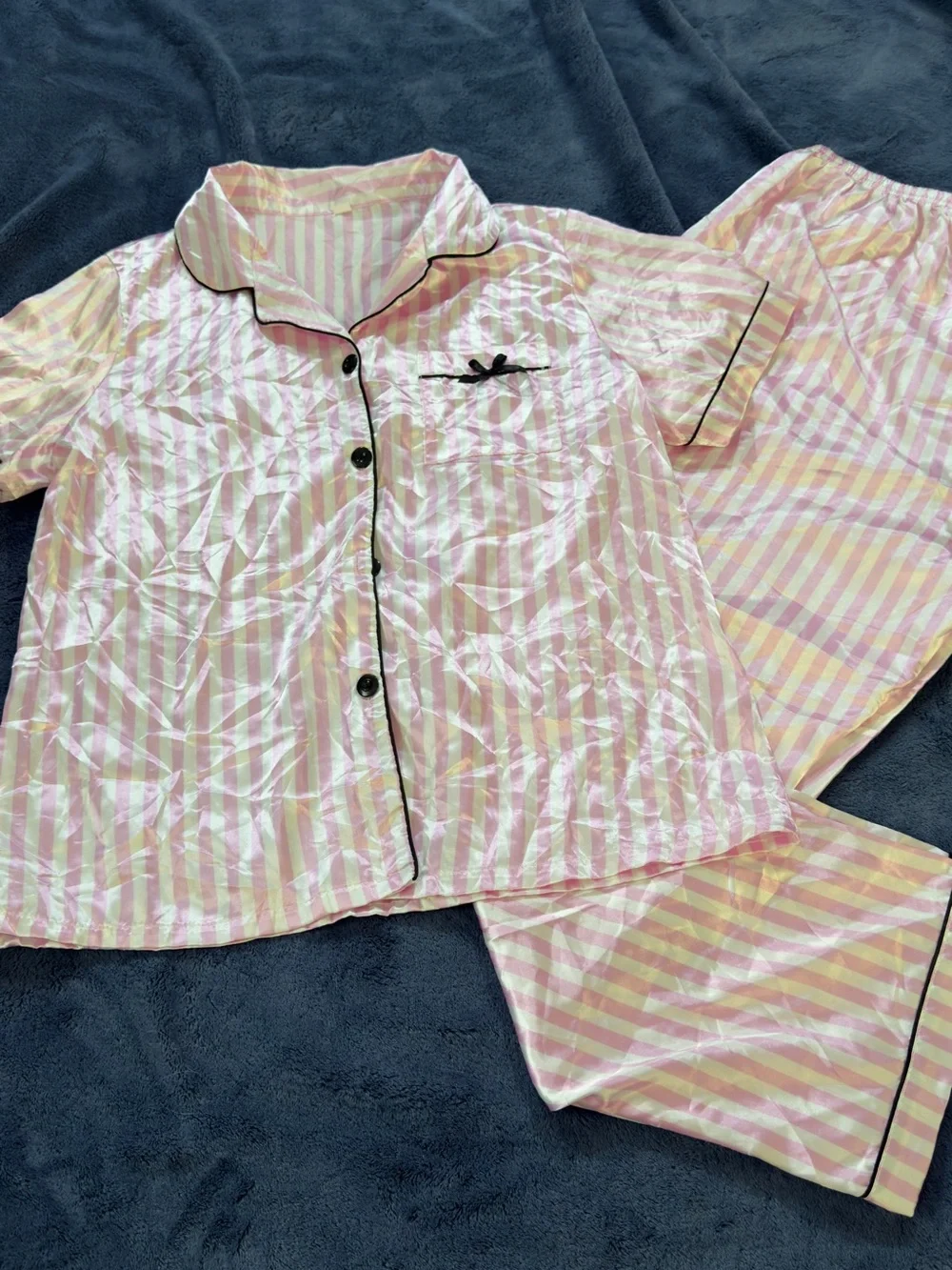 Girls' Pink and Cream Striped Short-Sleeve Pajama Set with Black Trim